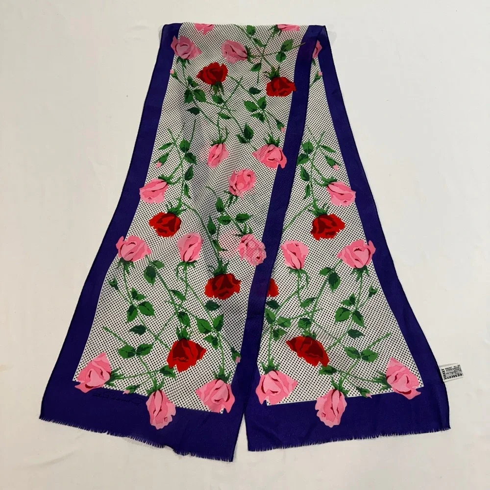 Oscar de la Renta Silk Scarf Floral Rose Polka Dot Purple Border Made in Japan